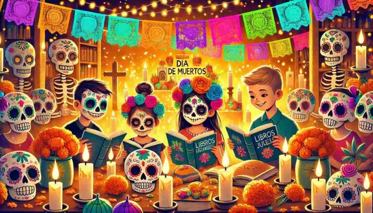 A festive and vibrant illustration for a web article titled 'Libros infantiles y juveniles para celebrar el Día de Muertos.' The image includes tradit (1)
